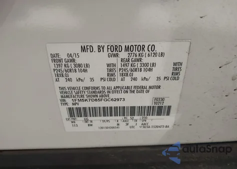 2015 Ford Explorer Xlt z USA, uszkodzony, nr VIN 1FM5K7D85FGC62973